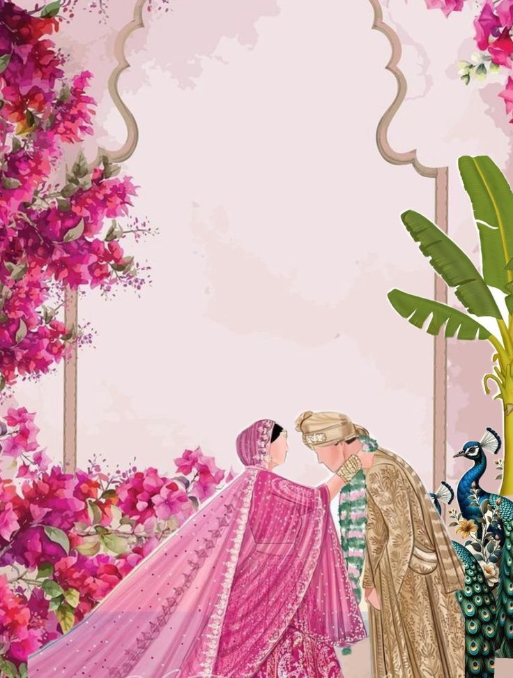 Illustration of a bride and groom under a floral jharokha arch
